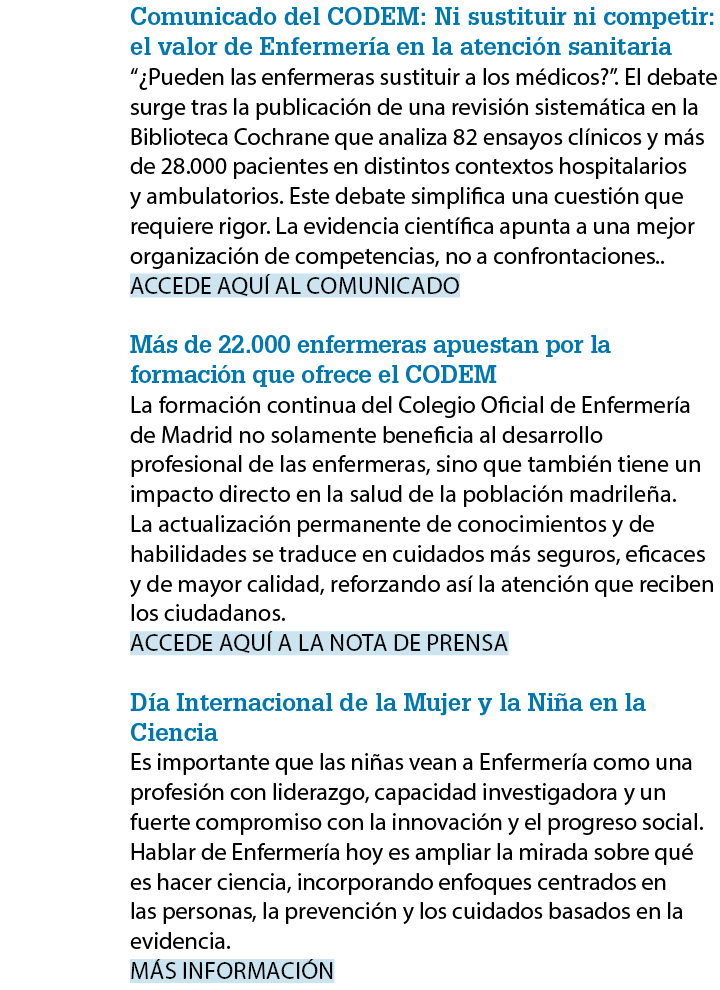 Comunicado del CODEM: Ni sustituir ni competir: el valor de Enfermer a en la atenci n sanitaria “¿Pueden las enfermer...